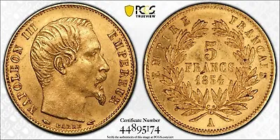 GOLD 1854-A Plain Edge France 5 Francs   KM#783   PCGS MS-61       SN2196 • $565