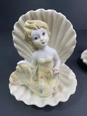 VTG 1970s Mermaid Bisque Figurine Yellow Flower In Open Clam Shell Hand Painted • $55