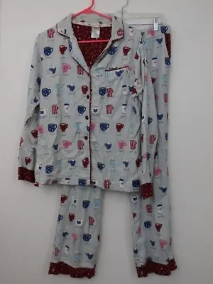 Munki Munki Flannel Pajamas PJ Set Women SZ L Coffee Cat 2PC Purrfect Gray • $35.99