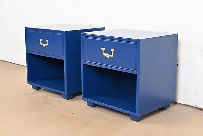 Henredon Mid-Century Hollywood Regency Campaign Blue Lacquered Nightstands • $3295