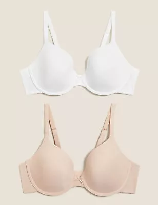 BNWT M&S 2 Pack White Mix Underwired Padded Plunge T-Shirt Bras       (ST70/896) • £12.99