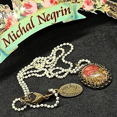 Michal Negrin Necklace Cabochon Rose Pendant Delicate Retro Vintage Gift Box New • $44