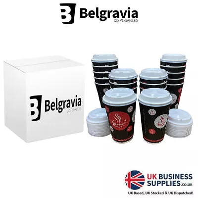 Hot Drinks Paper Cups 25 To 1000 Tea & Coffee & Lids 10oz 12oz 16oz Red Black • £17.49