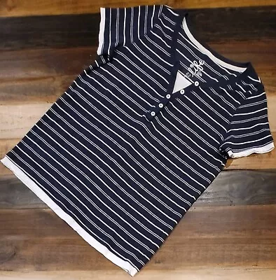 Made For Life Size PM Petite Top Navy Blue And White Stripe V-neck Half Button  • $5.99