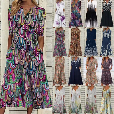 £16.69 • Buy Womens Boho Floral V Neck Midi Dress Ladies Summer Holiday Buttons Swing Dresses