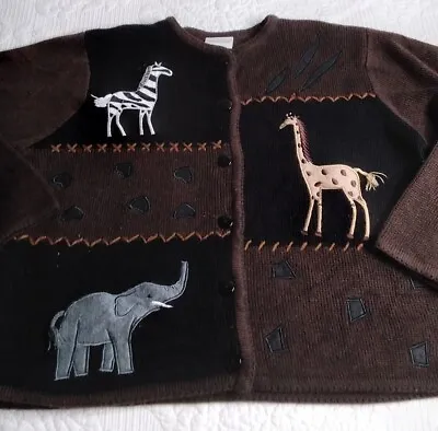 Vintage Crystal Kobe Cardigan Sweater Animals Zebra Giraffe Elephant Size L  • $21.25