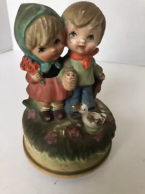Vintage Sankyo Japan Figurine Music Box Plays LOVE STORY THEME Boy Girl Goose • $7