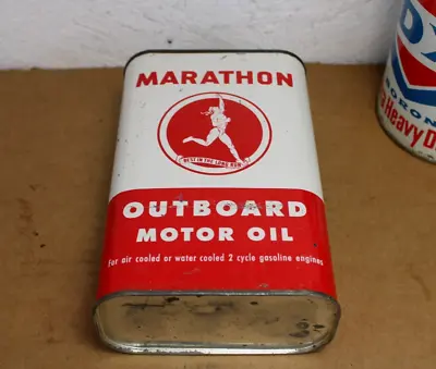 $10 • Buy NICE SHAPE ~ 1950s Era MARATHON RUNNER OUTBOARD MOTOR OIL Old 1 Quart Tin Can