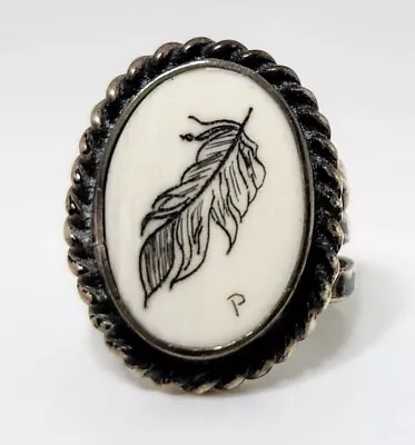 Vintage Whimsical Feather Sterling Silver Scrimshaw Ring Size 9 Hallmarked P • $175