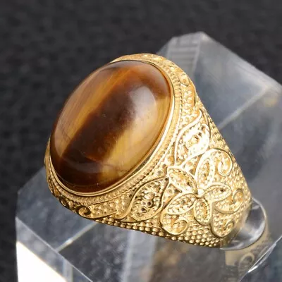 18K GOLD EP TIGER EYE OVAL CUT MENS DRESS RING SIZE 7-13 Cat Eye Tigers Eye • $19.26