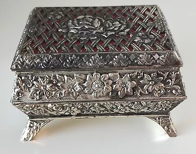 Vintage Silver Tone Metal Trinket Jewelry Box Footed Rose Flower Floral 3.5  • $24.50