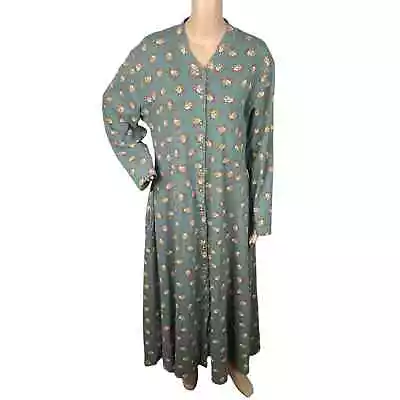 Vtg Eddie Bauer Green Floral Modest Cottage Button Down Maxi Dress Women's XL • $36