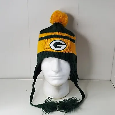 VTG Green Bay Packers Embroidered Logo Cap Knit Winter Hat Pom Pom Tie Strings • $14.99