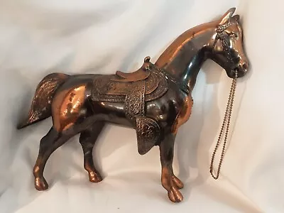 Vintage Copper Bronze Colored Cast Metal Saddled Horse 12  Statue Figurine • $14.99