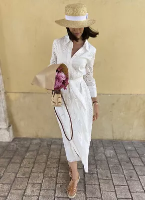 $69 • Buy Zara Nwt Woman $119 Cotton Embroidered Midi Dress Oyster White | 2895/994 M, L