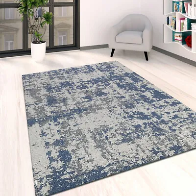 Navy Blue And Grey Rug Abstract Cotton Whasible  Large Small Living Room Area Ma • £15.99