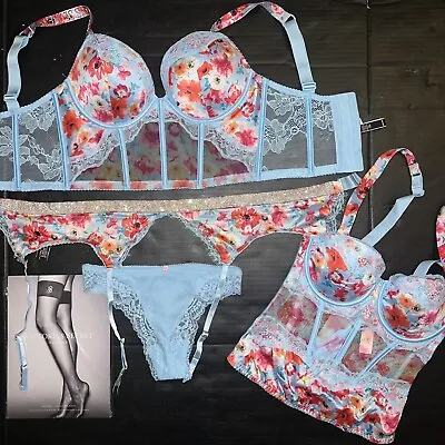 Victoria's Secret Longline 32D BRA SET+garter+CORSET TOP BLUE RED POPPY Shine • £216.94