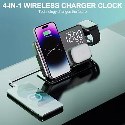 4in1 Wireless Charger For Apple Watch IPhone Fast Charging Dock LED Alarm Clock • £24.39