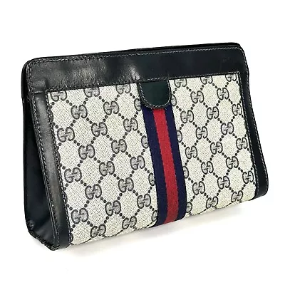 Vintage GUCCI Clutch Bag Sherry Line PVC GG Pattern Leather Black Navy • $198