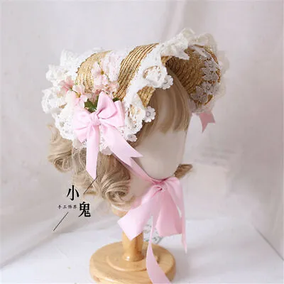 Lolita Girl Lace Straw Bonnet Women's Cute Bowknot Costume Straw Hat 10 Colors • $67.31
