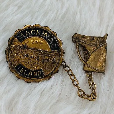 Vtg Mackinac Island Michigan Souvenir Double Brooch Lapel Pin W/ Horse Head • $49.99