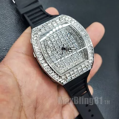 Men Watch Iced Bling Rapper Baguette Stone Silicone Band Luxury Fashion Hip Hop • $29.99
