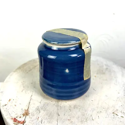 Vintage Pottery Canister Small Handmade Blue Opens With Lid Round Circle Jar • $29.99