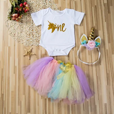 3PCS Baby Girl 1st Birthday Outfit Party Unicorn Romper Cake Smash Tutu Dress • £11.69