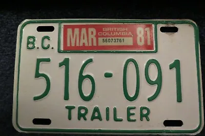 Vintage British Columbia 516 091 81 Tag BC CANADA Trailer License Plate  • $14.95