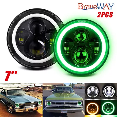 Pair 105W DOT 7  Inch Round Led Headlight Hi/Lo Beam Halo Green DRL H4 12V/24V • $55.76