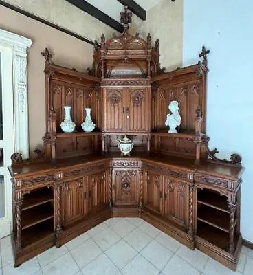 ARRIVES JUN 2024: Antique French Gothic Oak Wood Corner Cabinet/Sideboard/Buffet • $34500