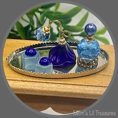 Dollhouse Miniatures • 4 Shades Of Blue Perfume Bottle Set With Vanity Tray • $8