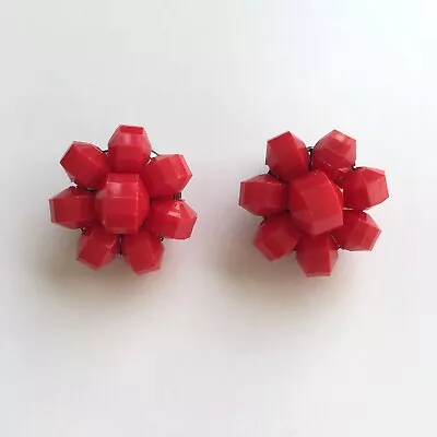 Vintage Clip-On Earrings Red Faceted Beads Cluster Mid Century Plastic Hong Kong • $12.25