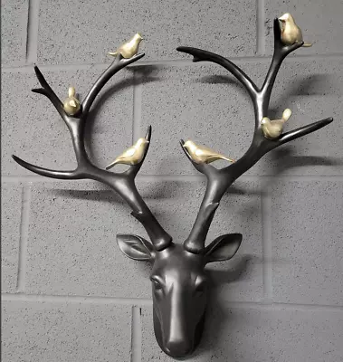 £69.90 • Buy Black Stag Head With Gold Birds Wall Mounted Deer Antlers Show Piece Modern Deco