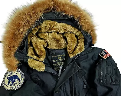 *HOT Men ALPHA INDUSTRIES N-3B PARKA HOOD ARCTIC EXPEDITION PATCHED BLACK Coat S • $130