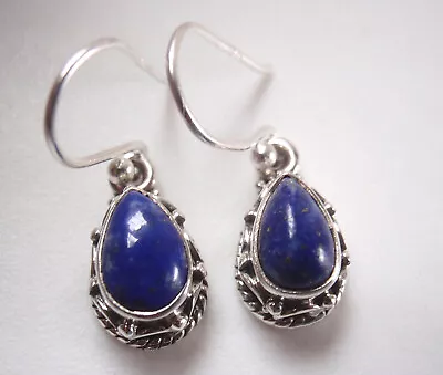 Dainty Small Lapis Lazuli 925 Sterling Silver Earrings Rope Style Accents  • $28.99