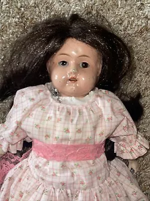 ANTIQUE 16  METAL TIN HEAD  LEATHER BODY~GLASS EYES German Doll • $69.95