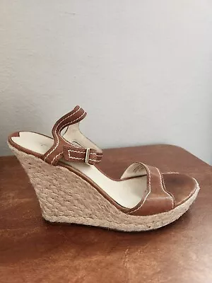 Via Spiga Tan Espardrille Wedge Heel  Open Toe Ankle Strap Sandal Shoes Size 8.5 • $12.99