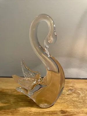 Murano Swan Clear Gold Fleck 24 Karat Art Glass Signed Vintage Italy • $119