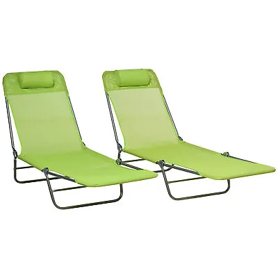 Outsunny 2 Piece Folding Sun Loungers With Adjustable Backrest Pillow Green • £43.99