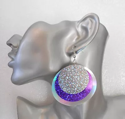 Fab Huge Purple Triple Layer Sequin Hologram Earrings - Clip Option - + Necklace • £3.50