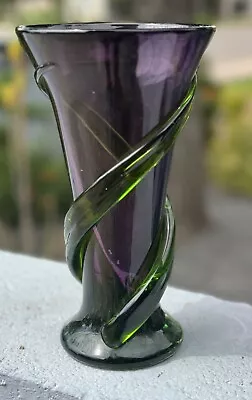 Hand Blown Glass Vase Amethyst W/Emerald Green Applied Wrap Around MCM 9.25” H • $35