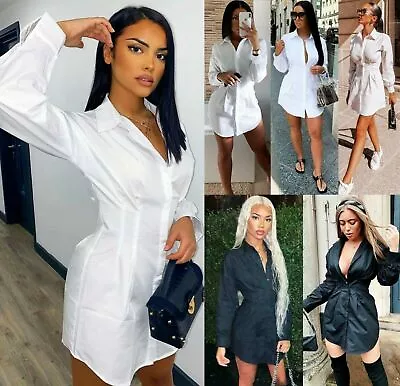 £14.50 • Buy Women's Ladies Shirt Long Sleeve Tight Waist Collard Button Up Mini Dress Top