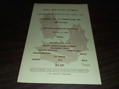 $20 • Buy October 1963 Baltimore & Ohio B&o Dining Car Dinner Menu Western Maryland