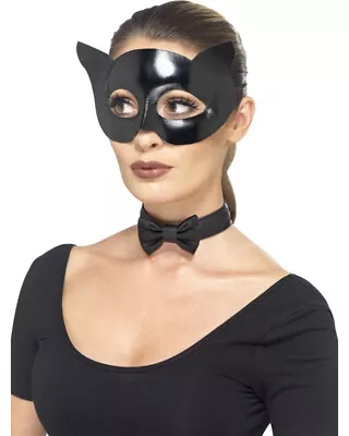 Black Masquerade Venetian Fever Cat Eye Mask And Collar Costume Accessory • $11.44