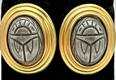 $28 • Buy Ben-Amun Clip Earrings Gold Tone Gray Metal Scarab Signed