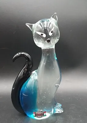 Hand Blown Art Glass Cat Figurine Designed In Murano Clear/Blue/Bubbles • $42