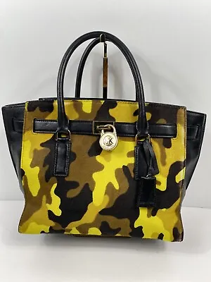 Michael Kors Hamilton Traveler Acid Lemon Camo Calf Hair Messenger Bag Tote • $119.95