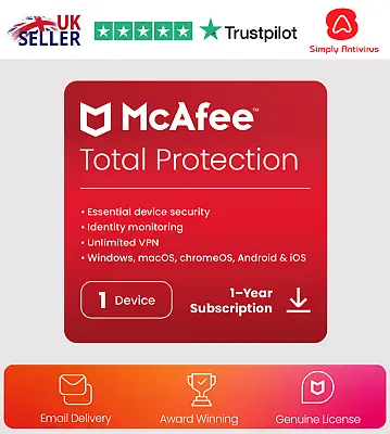 McAfee Total Protection Antivirus 2024 1 Device 1 Year  5 Minute EMAIL Delivery • £6.24