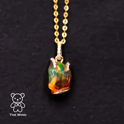Unique Two-Tone Mexican Fire Opal Diamond Pendant Necklace In 18K Yellow Gold • $583.19